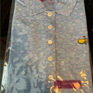 Masters Light Blue Polo with White Pattern and Yellow/Green Crest
